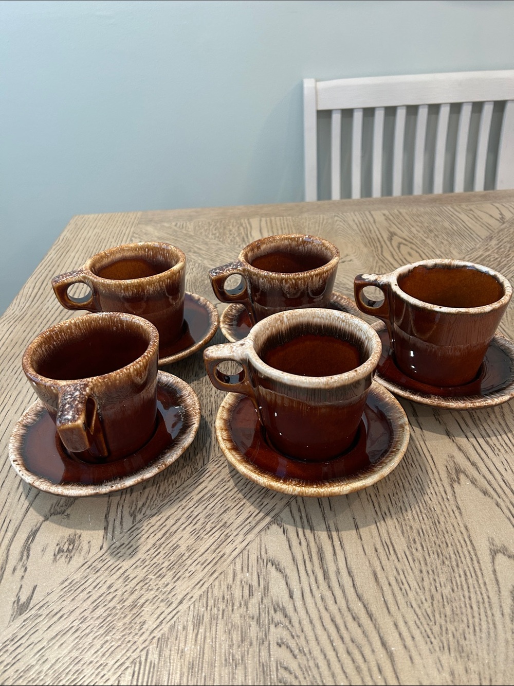 5-Piece Vintage Hull Pottery Brown Glazed Cup & Saucer Set